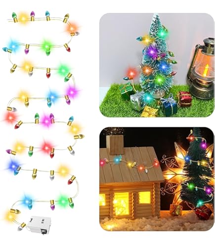 Wichtel Lichtsnoer miniatuur, kabouteraccessoires, lichtketting, 40 cm, mini led-lichtketting, kleurrijk licht, miniatuur kerstdecoratie, poppenhuis accessoires Kerstmis (geel-A