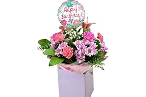 MORNING FLOWERS Belle in Pink Fresh Flowers Bouquet Pink Roses, Carnations, Lilies, Arrangement Gifting for Birthday Celebrations, Anniversary, Get Well, Thank You, Weddings,Chocolate (Birthday Balloon)
