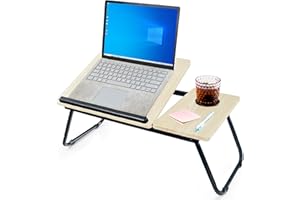 unycos - Bandeja para Cama y Sofá Reclinable, Mesa Plegable de Desayuno con Portavasos para Ordenador Portátil y Libros, Mesita Auxiliar en MDF/Acero/Plástico 56x33x23cm | 22,04" x12,99 x9,05 (Arce)