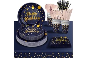 PYAILI Vaisselle Anniversaire Or Bleu Foncé, 24 invités Vaisselle de fête Assiette en Papier Gobelet en Papier Pour les Fêtes, Mariages, Fêtes de Remise des Diplômes, Assiettes de Fête