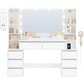 HEXCELEN 135 cm Headpiece with Integrated Power Outlets, White-Silver | Makeup Vanity with LED Light, Dimmable Lighting, Larg
