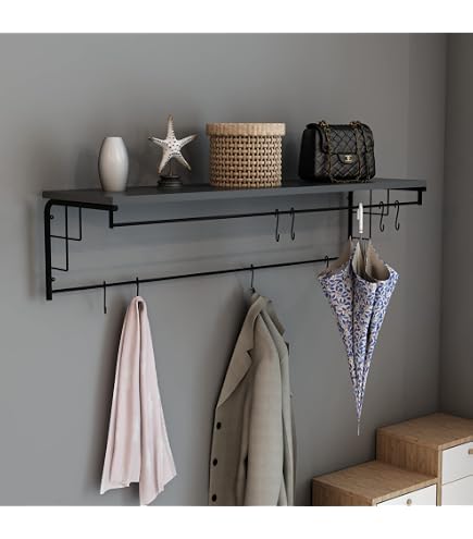IDIMEX Appendiabiti Bolton 109x40x27 Cm: Legno Di Pino Massiccio Antracite, 4 Ganci E Cappelliera, Stile Country