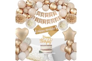 SIMSPEAR Birthday Decorations for Women Girls, Birthday Party Decorations Beige Gold with Happy Birthday Banner, Tablecloth, Birthday Sash, Paper Pom Poms for 1st 16th 21st 50th 60th Birthday Decorations