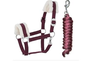 JA HORSE Licol en fourrure synthétique avec mousqueton réglable Licol de cheval en bois Corde de fixation (mousqueton en fourrure synthétique, bordeaux, Full)