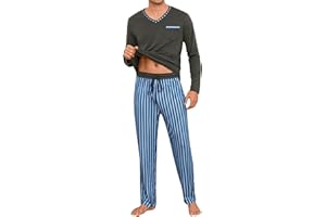 Demegimi Pijama Hombre Invierno Algodón Rayas Pijamas de Manga Larga para Hombres Conjuntos de Pijama de 2 Piezas Ropa de Dormir Cuello en V y Pantalones Largos Suaves