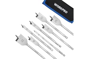 WORKPRO Jeu de 8 Mèches Plate à Bois avec Tige Hexagonale de 1/4", Mèches Plates en Acier au Carbone de Qualité Ø6,10,13,16,19,22,25 et 32 mm, Longueur 152 mm