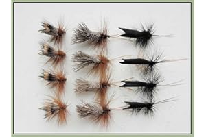 TROUTFLIES UK DRY FLIES Sedge Forellenangeln Fliegen, 12 Stück Goddards, Deer Hair & Schwarz gehörnten. Größe 10