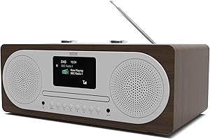 DAB/DAB+ & FM Digital Radio with CD Player | Bluetooth & USB MP3 Player | Premium Sound | Remote Control | Mains Powered | Perfect for the Home or Office | AZATOM Clockwood (Walnut)