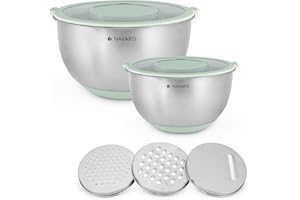 Navaris 2X Bol INOX avec Couvercle - 2X saladier en Acier Inoxydable Ø 20 cm et Ø 24 cm avec 3X râpe pour Fromage légumes - Boîte Conservation