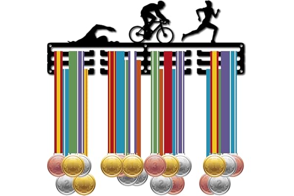 CREATCABIN Triathlon Médaille Cintre Présentoir Sport Fer Natation Vélo Course Compétition Tenture Murale Rack Cadre Crochet Affichage pour Coureur Nageur Athlète Cadeau Plus 60+ Médailles 40x15cm