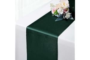HEMEIREN 5 Pack Satin Table Runner, 12 x 108 Inch,Premium Silk Table Runners, Chair Sashes Bow, Washable Table Runners for Wedding Party Events Decoration,Birthday, Banquets (Dark Green)
