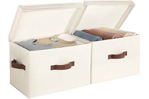 StorageWorks Storage Boxes with Lids, Large Foldable Storage Boxes for Shelves, Decorative Fabric Storage Baskets with Handles for Wardrobe Top Organising Clothes, Ivory White, 2-Pack