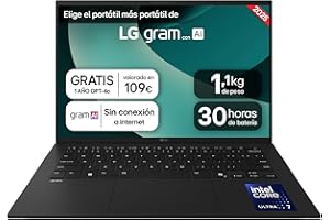 LG gram 14Z90T-G.AD88B Portátil 14 Pulgadas, FHD IPS, Intel Core Ultra7, 32GB RAM, 1TB SSD, Antirreflejo, 1.120 g, Batería hasta 30h, Windows 11, Negro