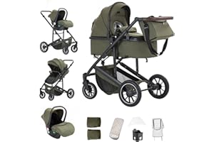 Kakbgee 3 in 1 Pushchair Travel System, Pram Travel System with ECE R129 Car Seat, Height Adjustable Handle Baby Pram, High View Aluminum Frame Baby Stroller for Newborn, Green (22KG, 0-4Years)