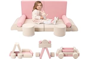 FORROBY 10PCS Kids Play Sofa Bed,Modular Toddler Armchair,Convertible Baby Mini Fold Out Couch Lounger Set for Playroom & Bedroom,Kids Furniture,Easy to Clean,Birthday Gift for Girls Boys,Pink