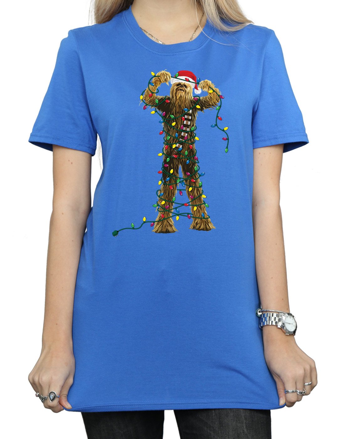 Star-Wars-Damen-Chewbacca-Christmas-Lights-Boyfriend-Fit-T-Shirt-Medium-Knigsblau