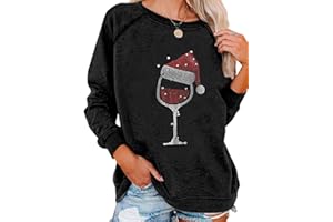 Achinel Womens Christmas Top Long Sleeve Sweatshirts Ladies Xmas Tops Sparkly Wine Glass Shirts Casual Merry Chirtsmas Blouse