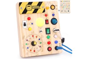 Busy Board Montessori leksak från 1 år, motorikleksak i trä, aktivitetstavla, sensorisk pedagogisk leksak med 10 brytare och 23 LED-lampor för småbarn, gåva för pojkar, flickor, 1 2 3 år