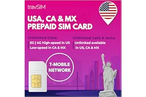 TRAVSIM Carte SIM USA, Canada, Mexique | Réseau T-Mobile | 50Go de données pour Les USA, 5Go pour Le Canada et Le Mexique | Appels et textos nationaux illimités | Valable 14 Jours