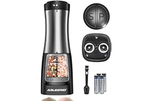 ABLEGRID Electric Salt and Pepper Grinder 2 in 1 Battery Powered, Pepper Mill & Salt Grinder Refillable, Adjustable Coarseness, 2-Button Control, Ceramic Grinding Core, One-Handed Operation
