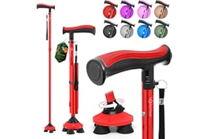 BeneCane Walking Cane for Men & Women Walking Stick for Seniors Folding Canes Quad Cane Adjustable Lightweight Sturdy Free Standing Collapsible Heavy Duty with Soft TPR T-Handle and Travel Bag