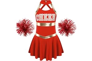 dPois Enfant Fille Uniforme Pom-Pom Girls Déguisement Cheerleaders Costume Carnaval Gym Mini Robe de Danse Ballet Jupe Sport Cheerleading Football Étudiant 3-16 Ans