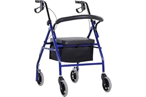 HOMCOM Déambulateur 4 roues - déambulateur pliable léger - assise + dossier rembourré - poignées ergonomiques, freins à main - panier rangement - métal bleu