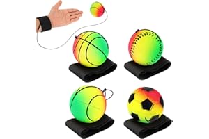 DSLSQD 4 sztuki piłka powrotna na nadgarstek, 5 cm gumowa opaska na nadgarstek na sznurku, sportowa piłka na nadgarstek, zawiera koszykówkę, baseball i piłkę nożną dla nastolatków, dorosłych,