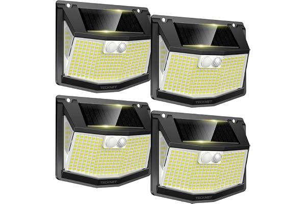 TECKNET Lampe Solaire Extérieur, 248 LEDs, Projecteur Solaire avec Éclairage à 300°, Lampe Murale Étanche IP66, 3 Modes, avec Détecteur de Mouvement, pour Jardin Allée Garage-4pcs