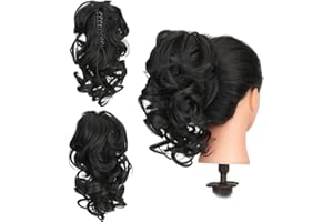 Gairyan Extensión de Cola Coleta Postiza Pelo Natural Sintético Postiza Extensiones Moño Postizo Extensiones Más Suave Aspecto Real Rizado 12" - Negro