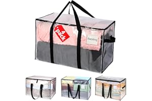 PUNCOOLS 4 Pack 104L Clothes Storage Bags with Lids, Heavy-Duty Moving Bags for Moving, Clothes Storage, Laundry Bag, Packing, House Solutions（Transparent ）