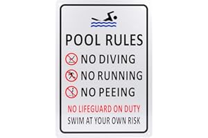 Kichwit Pool Rules Sign for Outdoor, Backyard Metal Swimming Pool Sign, No Diving No Running No Peeing No Lifeguard on Duty Sign, Aluminum, Weather Resistant, 9.4 x 13.4 Inches, Silver