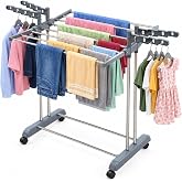LiMETRO STEEL Single Pole Cloth Drying Stand Foldable and Portable with Wheels and 360 Rotating Hangers
