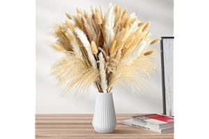 DATEFUN Pampas Secas Decoracion - 110 Piezas de Pampas Secas con Cola de Conejo, Hierba Natural de Pampa Blanca, Ramo de Flores Secas para Decoración Casamiento, Hogar, Mesa, Boho