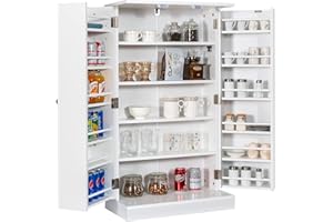 GOPLUS Armario de Cocina 104 CM con 2 Puertas, Mueble de Almacenaje Autoportante con Estantes Ajustables, Dispositivo Antivuelco, Despensa para Cocina, Dormitorio, Garaje (Blanco)