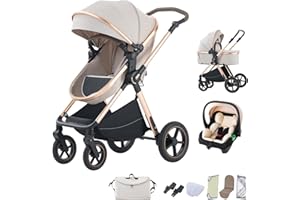 BEBBY 3-in-1 Kinderwagen KombiKinderwagen-Set 2-in-1 Buggy faltbar Luxus Hochlandschaft Neugeborenes Tragbarer Zusammenklappbarer Kinderwagen Travel System (D2-RICEWHITE, H2-D)