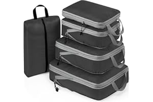 Meowoo Kompresyjne Kubki Pakujące do Podróży 5 w 1 Zestaw Organizatorów Torby Podróżne Wodoodporne Torby Podróżne Organizator Organizator bagażu z Torbą na Buty (Czarny)