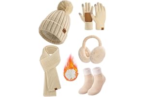 Svanco Invierno 5 en 1 Tiempo Frío Set Bufanda Gorro Guantes Orejeras Calcetines Mujeres Caliente Moda Térmico Bufanda Gorro Guantes Orejeras Calcetines Señoras Set 5 Piezas Set de Punto