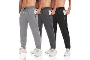 lomsoe 3er-Pack Jogginghose Herren Baumwolle Tapered, Sporthose Herren Lang mit Reißverschlusstaschen, Trainingshose Sweatpants Fleece Slim Fit für Laufen und Fitness