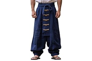 BAUZUOYO Pantalon médiéval pour homme - Costume de samouraï japonais - Coton et lin - Pantalon sarouel gothique vintage - Pantalon de pirate - Jambes larges - Cordon de serrage - Pantalon hip hop - Pantalon de
