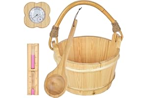 TOONGEEN Sauna Eimer mit Kelle aus Holz 4L, Hochwertiges Sauna Zubehör Komplett Set 5-Teiliges für Zuhause - Saunakübel mit PVC-Einsatz, Saunakelle, Sanduhr, Sauna Thermometer-& Hygrometer