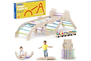 COSYLAND Arrampicata per Bambini 8 in 1 - Triangolo di pikler Regolabile a 3 Livelli con Scivolo, Gioco Treno e Confezione Regalo, Palestra Bambini Pieghevole da Interno, 18M-6Y, Freddi