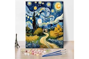 TISHIRON Paint by Numbers for Adults Starry Night, Adult Paint by Number Kits on Canvas Village Moon Star,Oil Hand Painting Drawing Nature Landscape, Art Crafts for Home 16"x20"(Frameless)