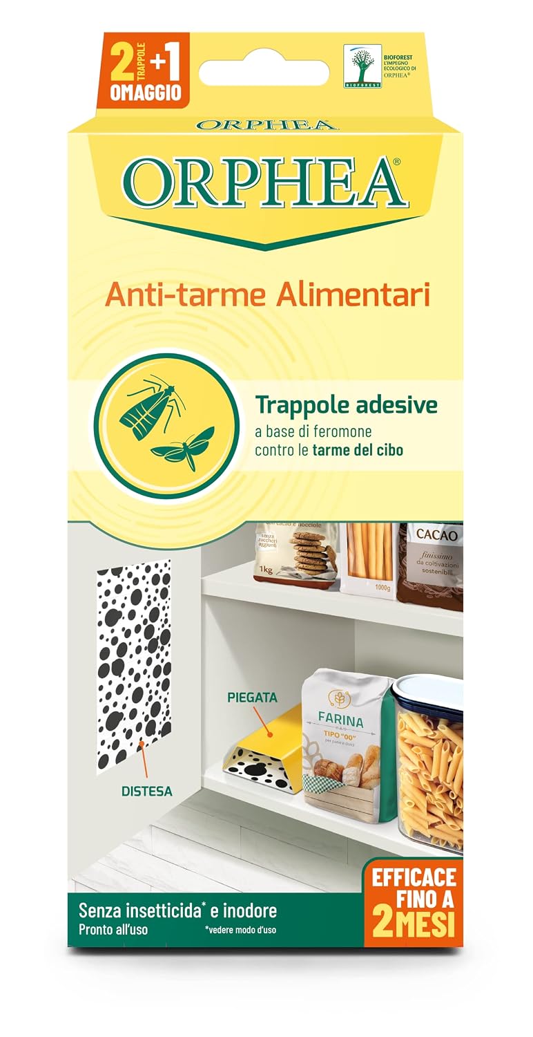 Orphea, Antitarme Alimentare, Elimina le Farfalline del Cibo e ne Previene lo Sviluppo, Senza Insetticida, Inodore Azione Naturale, 3 Trappole Adesive