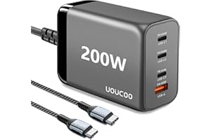 UOUCOO 200W USB C Charger Plug GAN Charger,100W+100W 4 Port Fast Charger USB C Charging Station/Power Adapter,with 2m PD Cable,for MacBook Pro/Air,Dell,iPhone15/14Pro Max iPad,Switch,Galaxy,Huawei