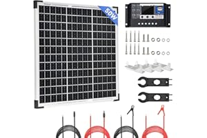 SARONIC Kit panneau solaire 50W 12 volts avec régulateur de charge 30A, câbles solaires et supports en "Z" pour camping-car, remise, bateau, caravane, camping-car et autres applications hors-réseau