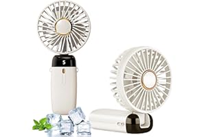 EHIOG Tragbarer Handventilator mit 5 Geschwindigkeiten – Faltbarer Mini-USB-Ventilator mit LED-Anzeige, 8-15h Akkulaufzeit, leise, mit Lanyard & Standfuß – Perfekt für Reisen, Büro und Zuhause