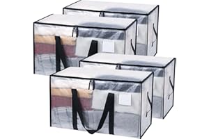 JOJOSEE 4 Pack Clear Clothes Storage Bags, 91L Heavy Duty Moving Bag, Transparent Large Wardrobe Organiser Packing Bags with Zips Lids for Duvet Toys (Clear, 4 Pack)
