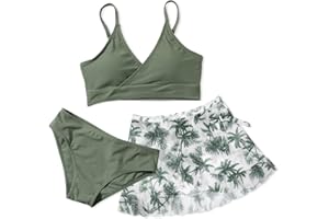USAIBHIR Girls Swimsuit Bikini Set 3 Piece Bathing Suit Bikini with Skirt Cover Up Floral Printed Surfing Beach Swimwear 9-16 Years