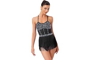 CHICTRY Women's Latin Dance Leotard Jazz Dance Top Sleeveless Fringe Sparkly Bodysuit Samba Salsa Dancewear